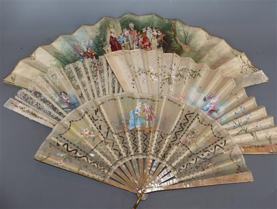 A 19th century French mother-of-pearl and painted parchment fan and three mother-of pearl guarded fans largest 28cm